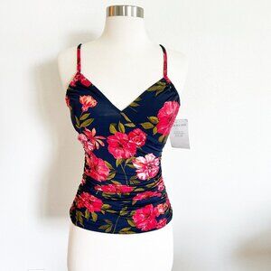 NWT Garnet Hill Tankini Top 2 Navy Blue Coral Floral Crossover Ruched